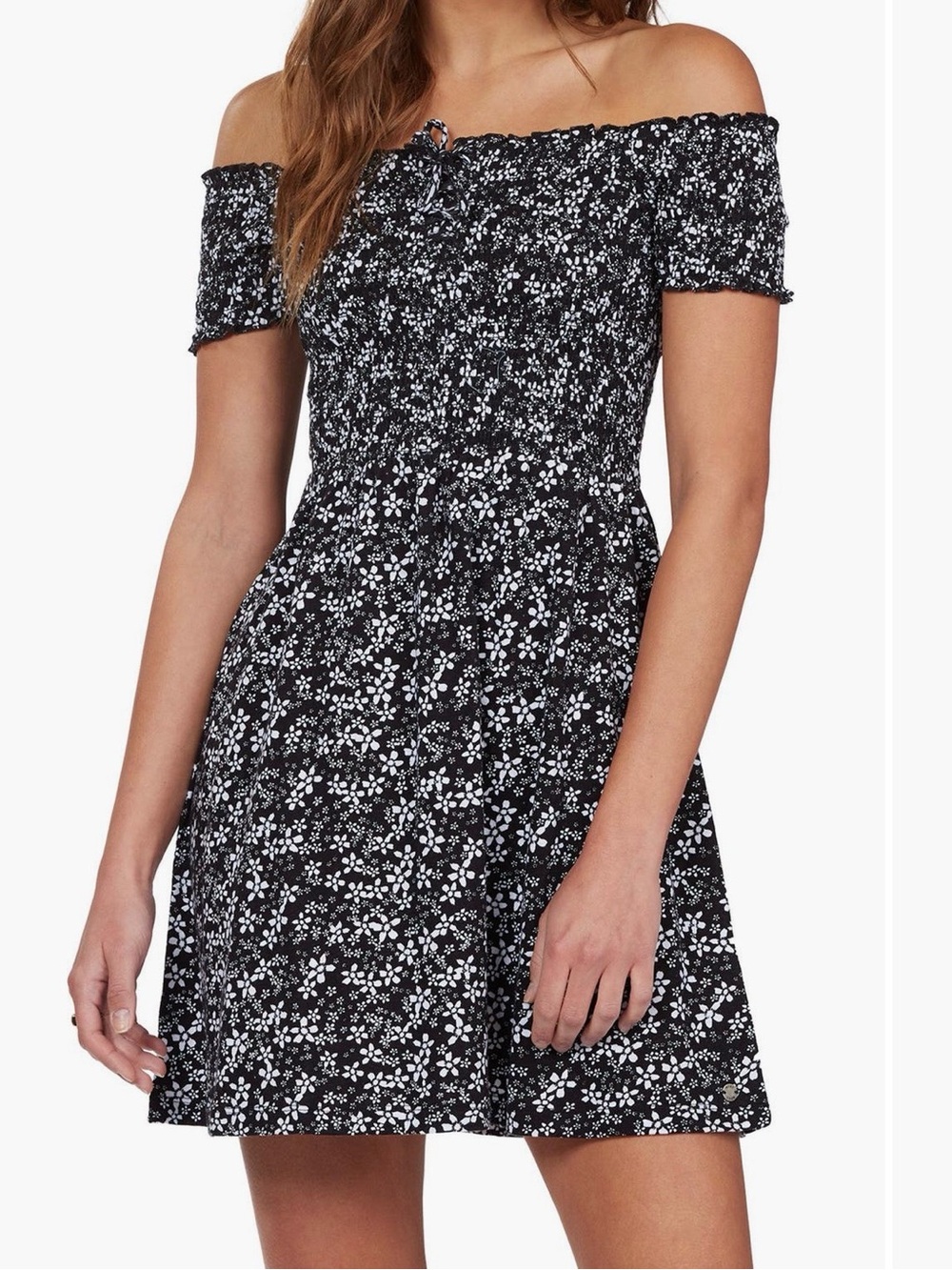 Roxy Off-Shoulder Black Floral Mini Dress